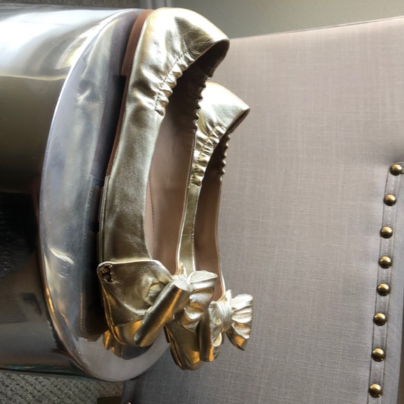 Tory Burch Gold Flats with Bow - Picture 2 of 4